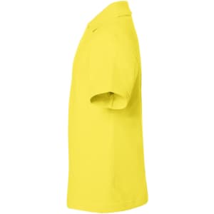 A yellow polo shirt is displayed, featuring a collar and short sleeves. It has a logo on the front.