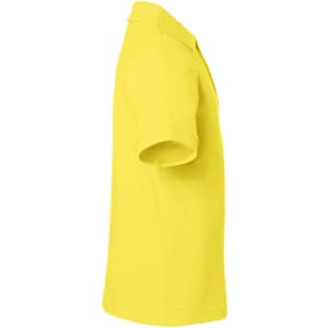 A yellow polo shirt featuring a collar and short sleeves, with a branding logo on the side.