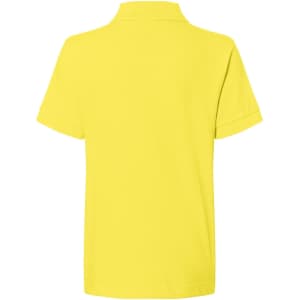 A yellow polo shirt with a classic design and a collar, featuring short sleeves and no visible branding.