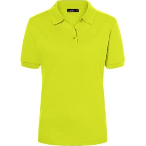 A bright lime green ladies' polo shirt featuring a collar and three-button placket, with a small logo.