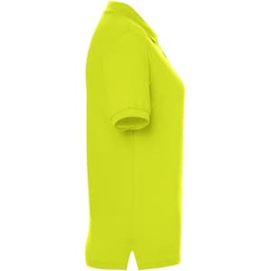 A bright yellow polo shirt with a collared neck and short sleeves, featuring a logo.