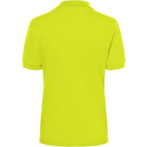 A bright yellow polo shirt with a classic design, featuring a collar and short sleeves. The shirt has a plain back.