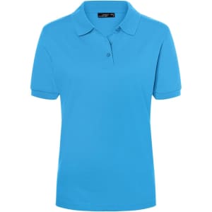 A light blue polo shirt for ladies with a classic fit, featuring a collar and a logo.