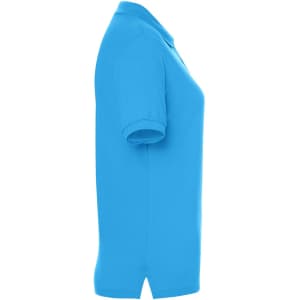 A side view of a ladies' classic polo shirt in bright blue, featuring a logo on the chest.
