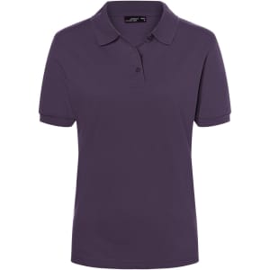 A purple polo shirt for ladies featuring a collar and short sleeves, complete with a logo.