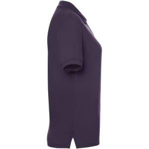 A purple polo shirt with short sleeves and a neat collar, featuring a logo on the chest.
