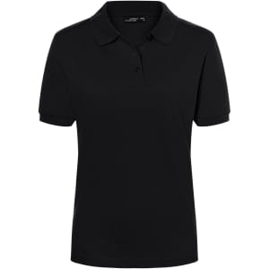 A black women's polo shirt with a collar and short sleeves, featuring a button placket and a logo.