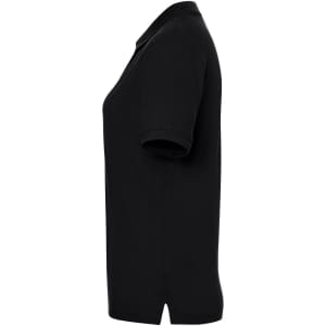 A black polo shirt for ladies, featuring a classic design and a small branding logo.