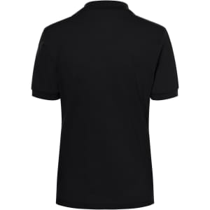 A black polo shirt with short sleeves and a collar, featuring a logo. The back view is shown.
