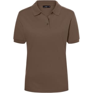 A brown ladies' polo shirt with a collared neckline and short sleeves, featuring a small logo.