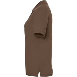 A brown polo shirt for ladies, featuring short sleeves and a collar, with a logo on the chest.