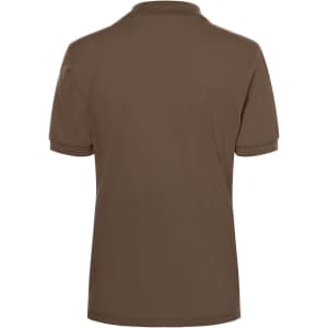 A brown polo shirt with a collar and short sleeves, featuring a logo on the back.