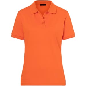 An orange Classic Polo Ladies shirt with a collar and three buttons, featuring a logo on the chest.