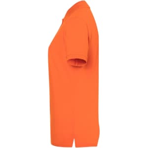 An orange classic polo shirt with short sleeves and a side view, featuring a logo.