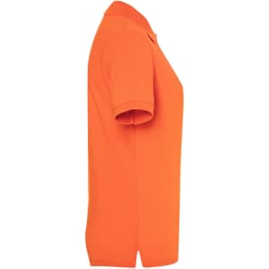An orange polo shirt for women, featuring a classic design and a collar. The shirt has a logo on it.