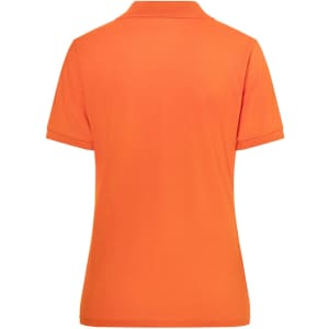 A ladies' polo shirt in bright orange, featuring a collar and short sleeves. It has a logo on the back.