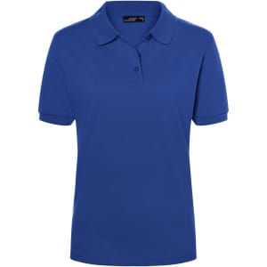 A blue women's polo shirt featuring a collar and three buttons, with short sleeves and a logo on the chest.