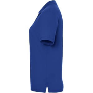 A side view of a blue women's polo shirt featuring short sleeves and a collar, with a logo.