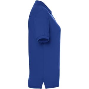 A side view of a blue ladies' polo shirt, featuring a collar and short sleeves, with a logo on the chest.