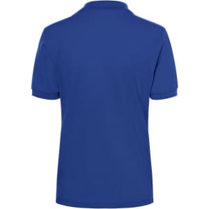 A blue classic polo shirt with a collar and short sleeves, featuring a logo on the back.