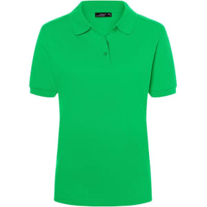 A green polo shirt with a collar and short sleeves, featuring a logo on the chest area.