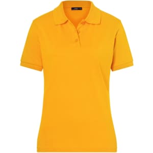 A classic polo shirt in bright yellow, featuring a collar and button-up placket, with a logo on the chest.