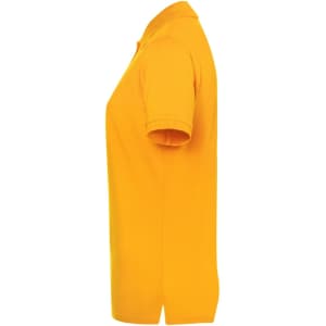 A side view of a ladies' polo shirt in bright yellow, featuring a collar and short sleeves, with a logo.