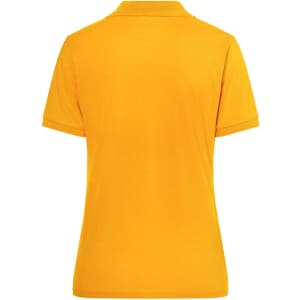 A yellow polo shirt for ladies featuring a classic design and a collar. The shirt has a logo on it.