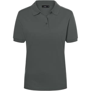 A grey ladies' polo shirt with short sleeves and a classic collar, featuring a logo on the chest.