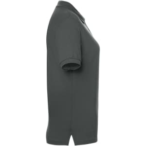 A grey classic polo shirt with a collar and a side view. It features short sleeves and has a logo.