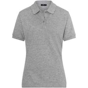 A grey ladies' polo shirt with a traditional collar and short sleeves, featuring a logo on the chest.