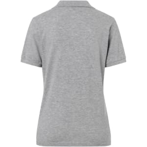 A grey women's classic polo shirt featuring a collar and short sleeves, with a logo on the back.