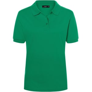 A green ladies' polo shirt with a classic design, featuring a collar and three buttons, and a logo on the chest.