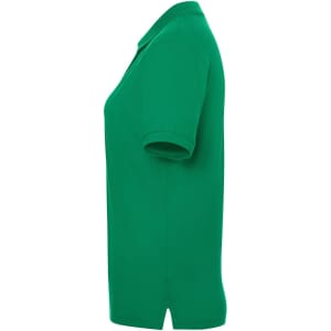 A green polo shirt with short sleeves, displaying a side view and featuring a logo on the chest area.
