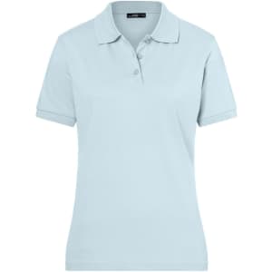 A light blue polo shirt for ladies, featuring a collar, short sleeves, and a logo on the chest.