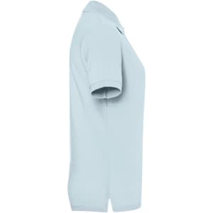 A light blue ladies' polo shirt with a collar and short sleeves, featuring a logo on the side.