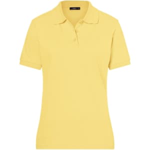 A yellow ladies polo shirt with a classic design, featuring a collar and short sleeves. It has a logo on it.