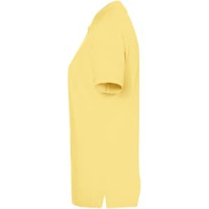 A yellow polo shirt for ladies, featuring short sleeves and a collar, with a logo displayed.