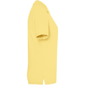 A side view of a classic ladies polo shirt in vibrant yellow, featuring a collar and short sleeves.