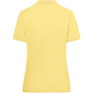 A yellow polo shirt with a classic design, featuring a collar and short sleeves. It has a logo on the fabric.