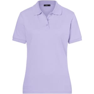 A lilac polo shirt for ladies with a collar and three buttons, featuring a logo on the chest.
