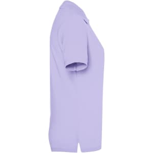 A lilac ladies' polo shirt displayed from the side, featuring short sleeves and a collar. It has a logo on it.