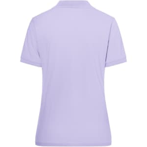 A lilac women's polo shirt with a classic design, featuring a collar and short sleeves. It has a logo on it.