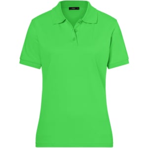 A bright green polo shirt for ladies, featuring a collar, short sleeves, and a logo.