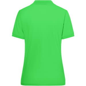 A bright green polo shirt with a collar and short sleeves, featuring a logo on the back.