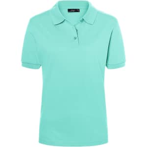 A mint green ladies' polo shirt featuring a collar and three-button placket, with a small logo on the chest.