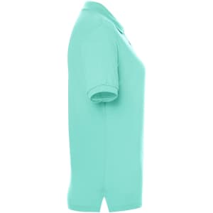 A side view of a mint green ladies' polo shirt with a collar and short sleeves, featuring a logo.