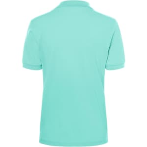 A mint green women's polo shirt with short sleeves, featuring a collar and a logo on the back.