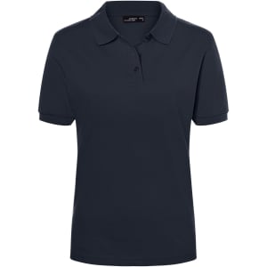 A navy blue women's polo shirt featuring a button placket and a collar. It has a logo on the chest.