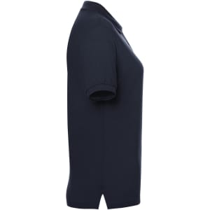 A navy blue polo shirt for ladies featuring a collar and short sleeves, with a logo on the chest.